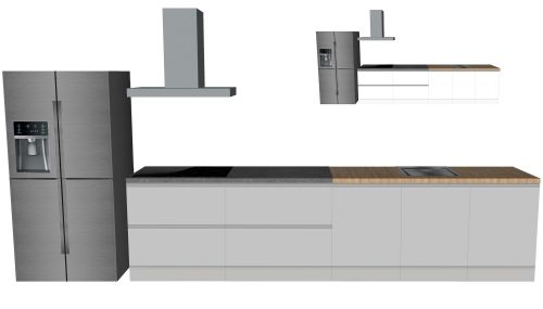 CUBIQZ STRAIGHT KITCHEN 450 X 60 CM + SEPARATE AMERICAN FRIDGE, grey with two tone worktop: nature stone grey and wood