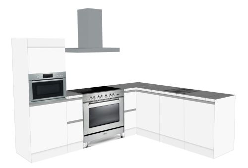CUBIQZ CORNER KITCHEN 270 X 240 CM, with freestanding cooker, white with nature stone worktop