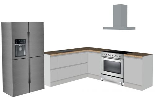 CUBIQZ CORNER KITCHEN 300 X 270 CM WITH AMERICAN FRIDGE + COOKER, grey with wooden worktop