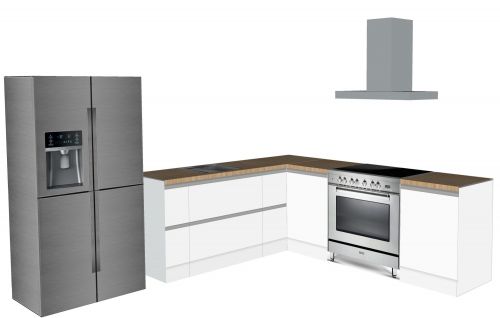 CUBIQZ CORNER KITCHEN 300 X 270 CM WITH AMERICAN FRIDGE + COOKER, white with wooden worktop