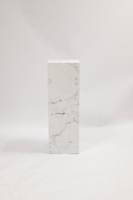 White marble print cardboard pillar, plinth and pedestal for reusable displays, home staging, interior styling and promotional use