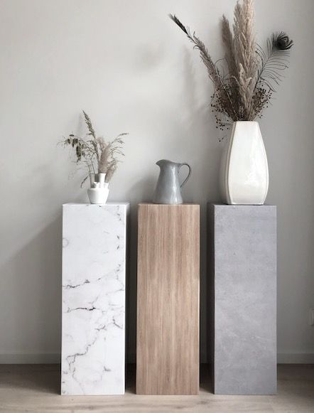 Cardboard pillar - pedestal - plinth for Homestaging, exhibition, retail display available in white and white marble, wood and concrete print