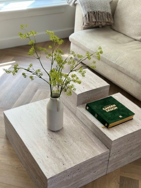 Cardboard set of 3 tables (in 3 sizes) in a modern travertin print. Developed by Cubiqz for homestaging, showrooms, display tables in shops, showcases & more!