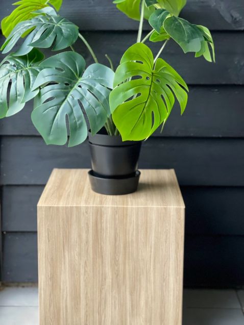 Cardboard side table | stool |  nightstand in wood print. For homestaging, Styling, Pop-Up stores, expo, trade fair, retail display, (POS display) and more! With insertionflap closure.