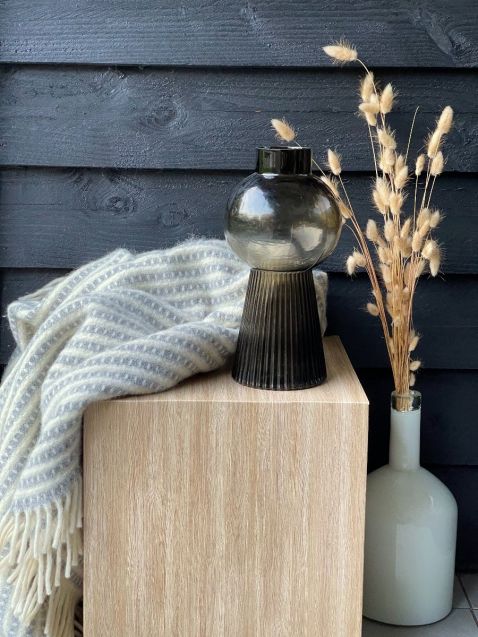 Cardboard side table / stool / nightstand with wood print. A real eye-catcher to show accessories and products. Easy to fold, unfold, use, reuse and to carry.