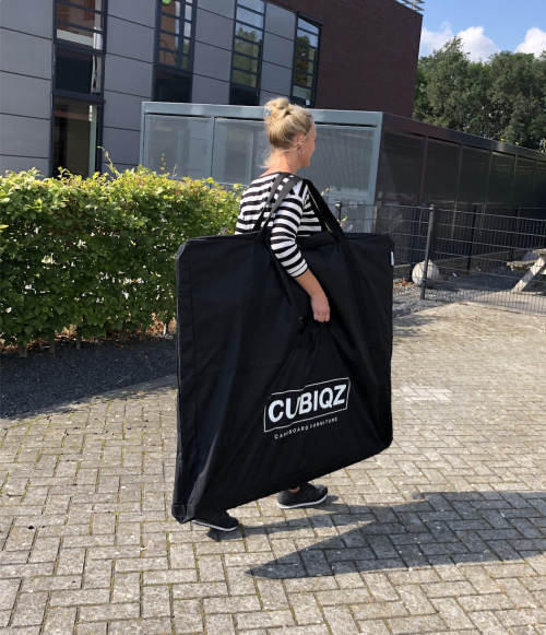 Cubiqz carry bag. For easy transport and storage of your cardboard furniture and cardboard kitchens. Custom made and fits in the trunk of a standard family car
