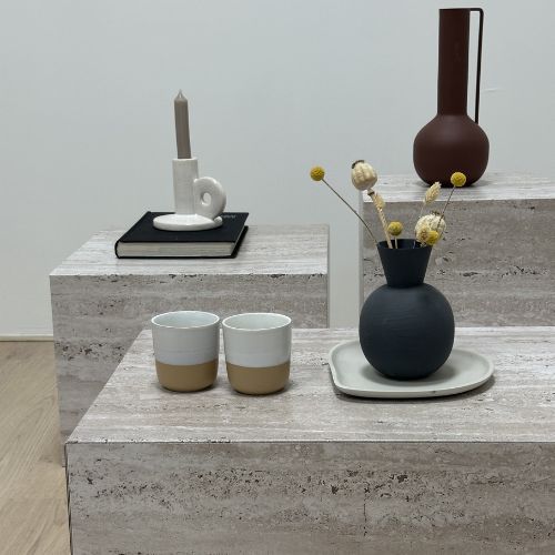 Cardboard set of 3 tables (in 3 sizes) in a modern travertin print. Developed by Cubiqz for homestaging, showrooms, display tables in shops, showcases & more!